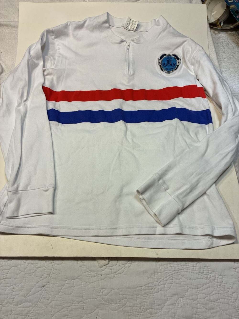 Abmagre San Jose White Quarter-Zip Long Sleeve Shirt with Red and Blue Stripes